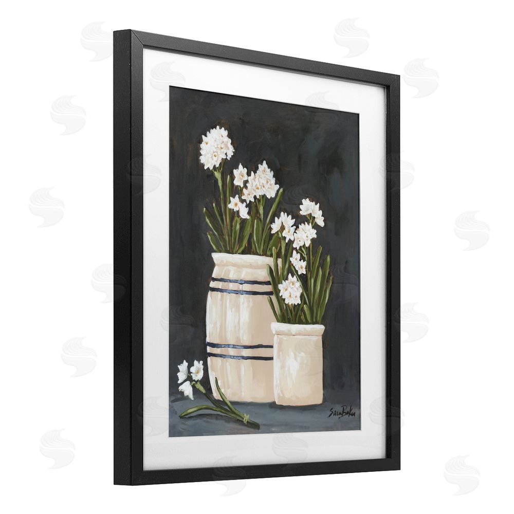 Sara Baker Vintage Crocks & Paperwhites Black Framed Print Under Glass Wall Art