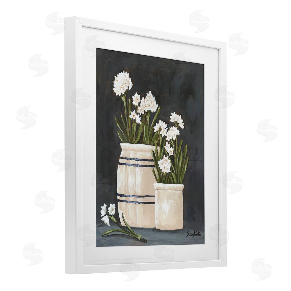 Sara Baker Vintage Crocks & Paperwhites White Framed Print Under Glass Wall Art