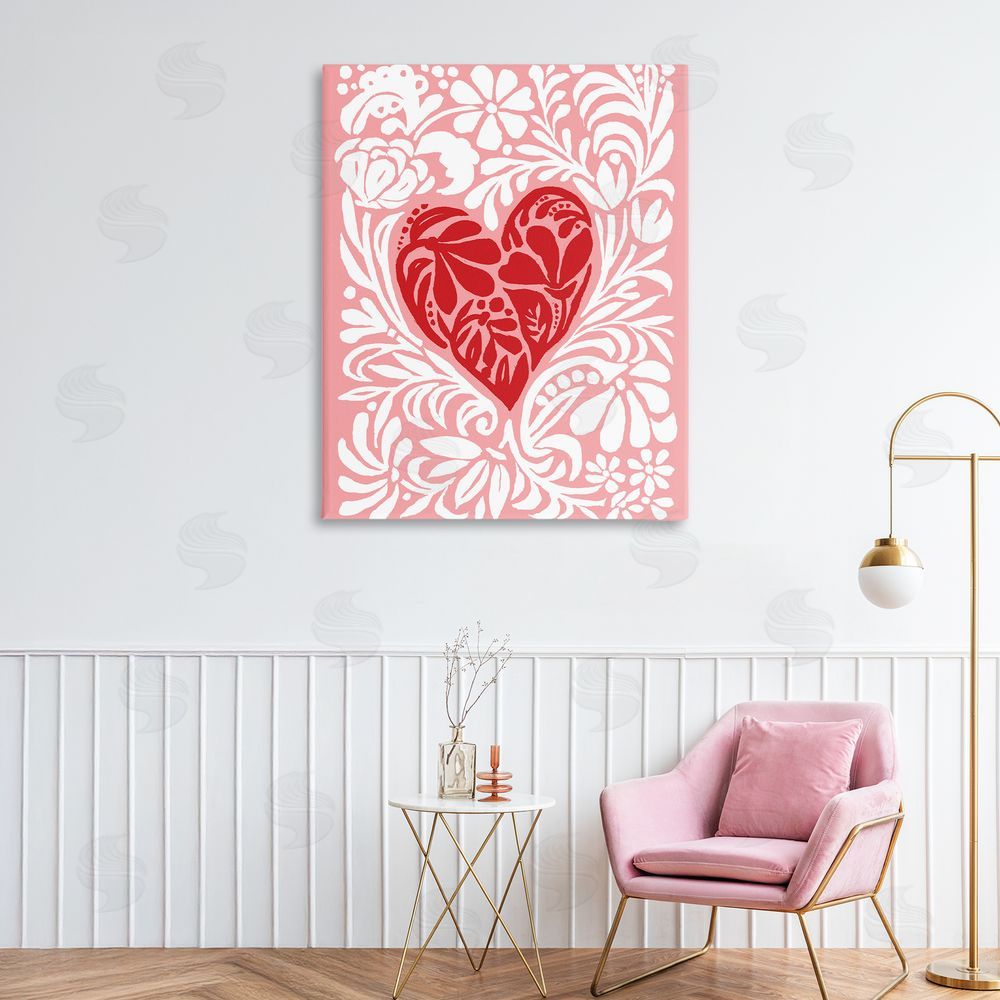 Cindy Jacobs Red Leafy Heart on Pink Canvas Wall Art Print in Room