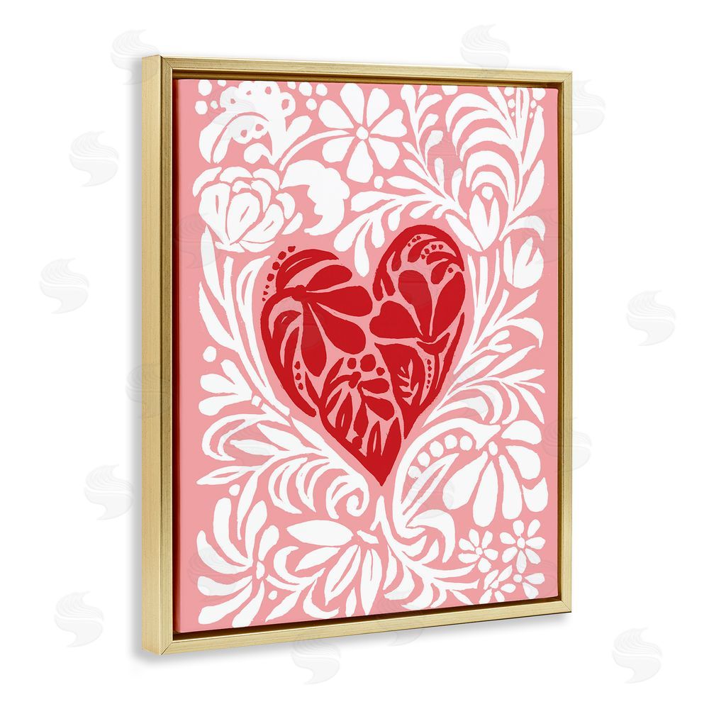 Cindy Jacobs Red Leafy Heart on Pink Gold Floating Frame Canvas Wall Art Print