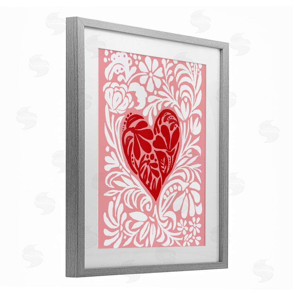Cindy Jacobs Red Leafy Heart on Pink Gray Framed Print Under Glass Wall Art