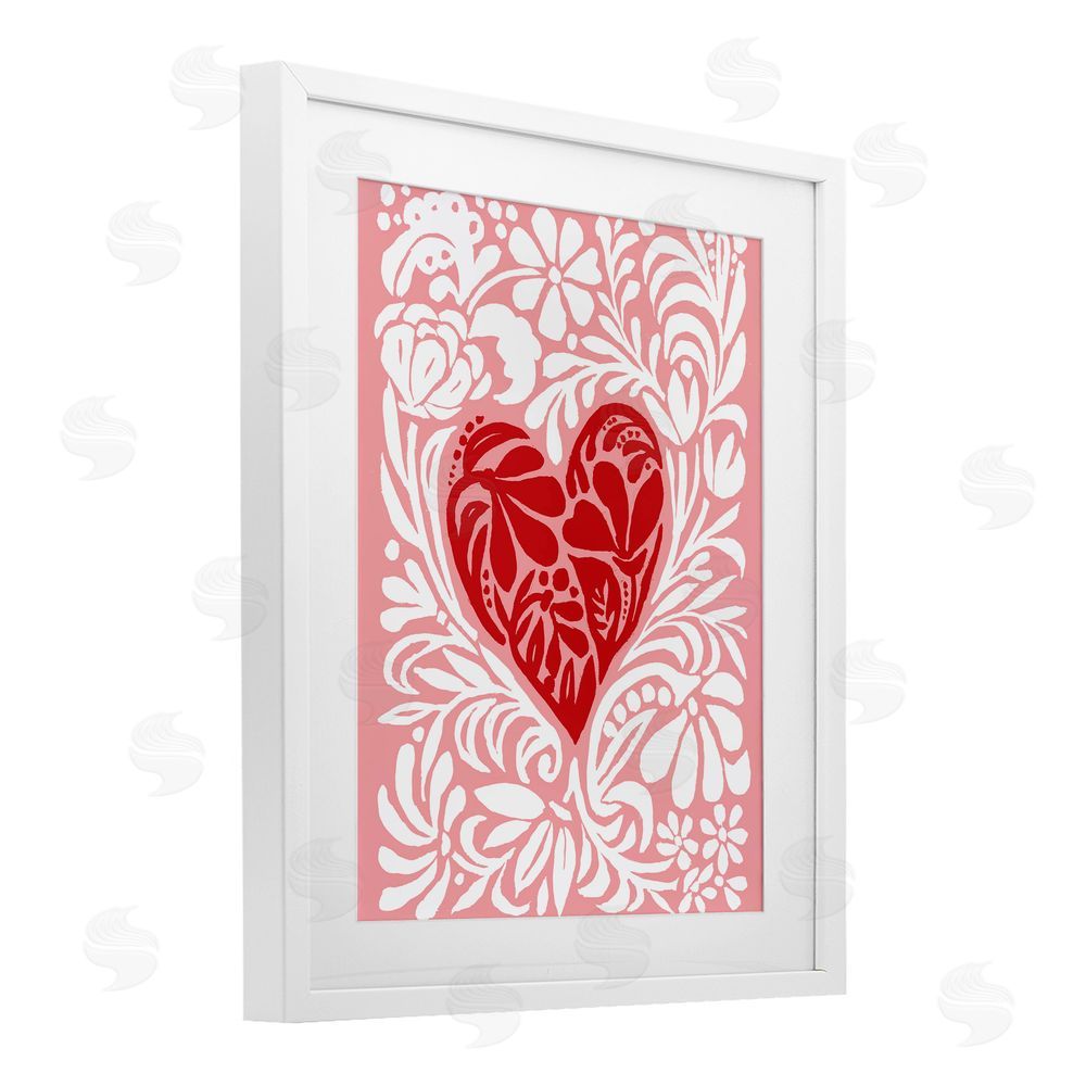 Cindy Jacobs Red Leafy Heart on Pink White Framed Print Under Glass Wall Art