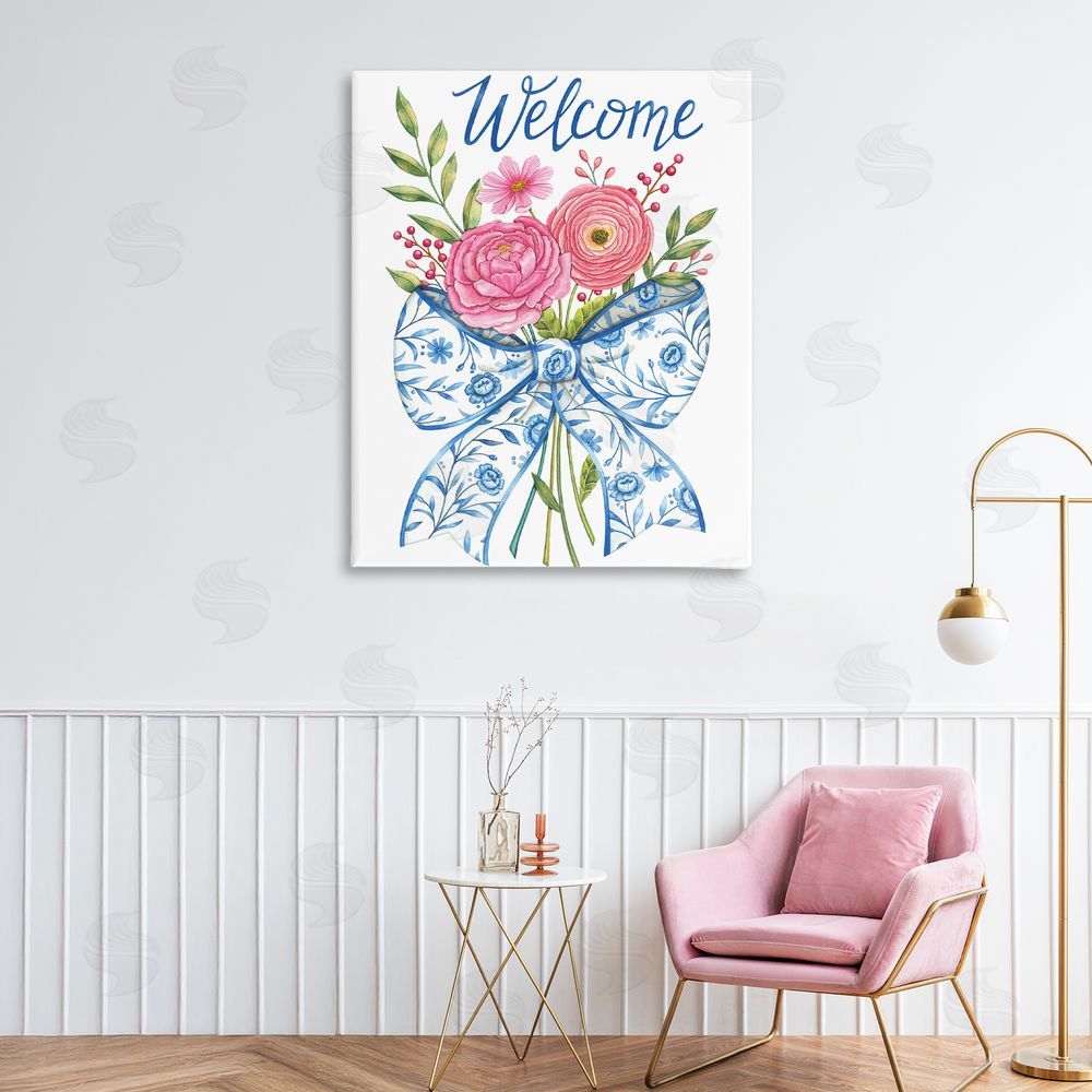 Deb Strain Bow & Flowers Welcome Stretched Canvas Wall Art in Room