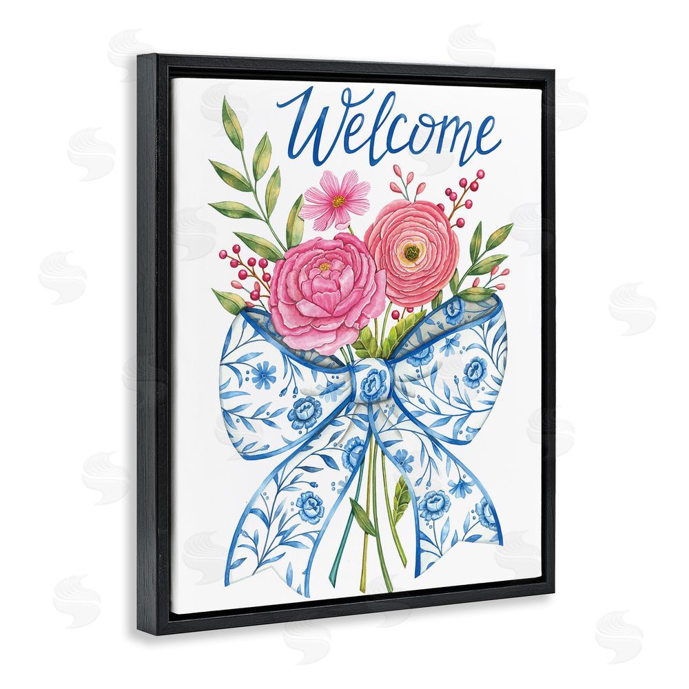 Deb Strain Bow & Flowers Welcome Black Floating Frame Canvas Wall Art Print