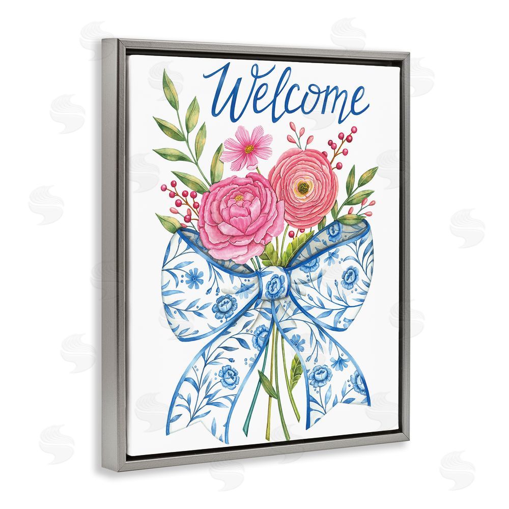 Deb Strain Bow & Flowers Welcome Gray Floating Frame Canvas Wall Art Print