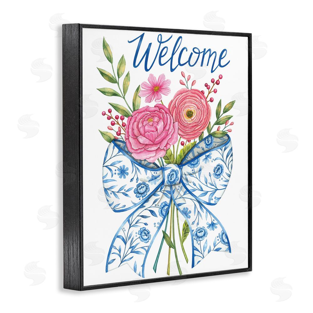 Deb Strain Bow & Flowers Welcome Black Framed Giclee Wall Art Print
