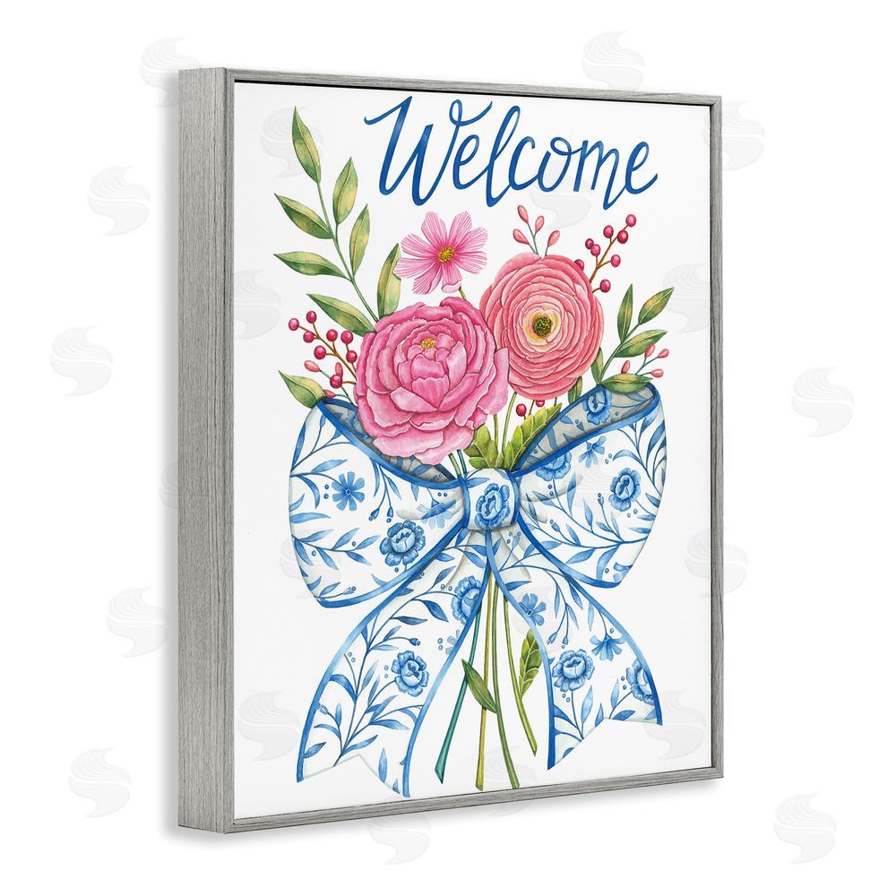 Deb Strain Bow & Flowers Welcome Gray Framed Giclee Wall Art Print