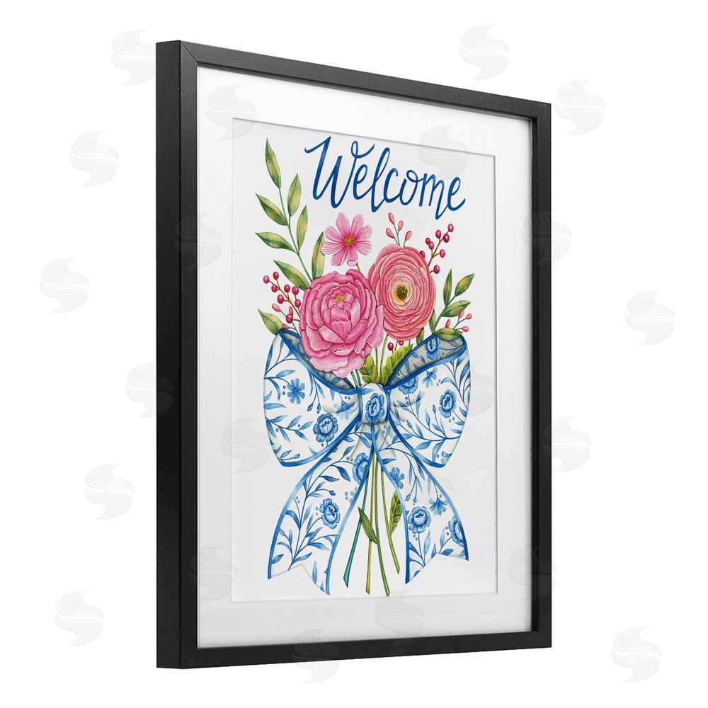 Deb Strain Bow & Flowers Welcome Black Framed Print Under Glass Wall Art