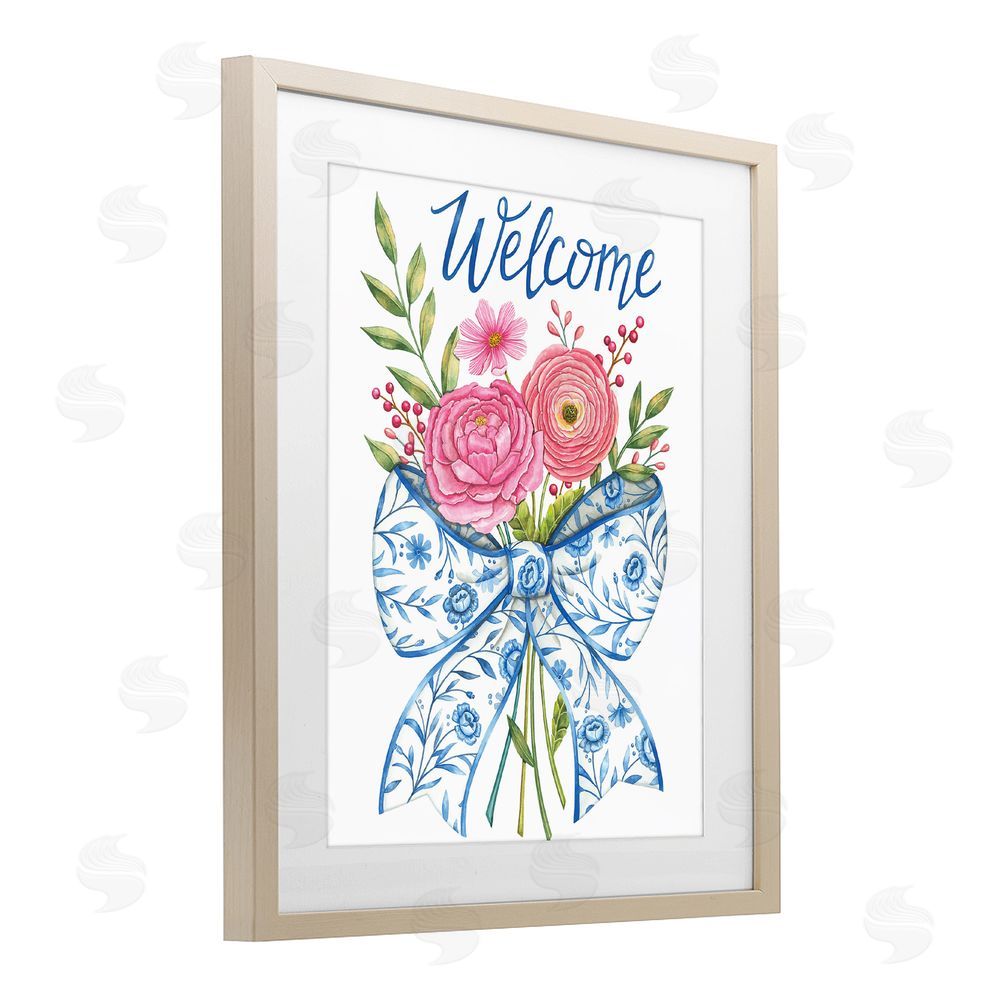 Deb Strain Bow & Flowers Welcome Birch Framed Print Under Glass Wall Art