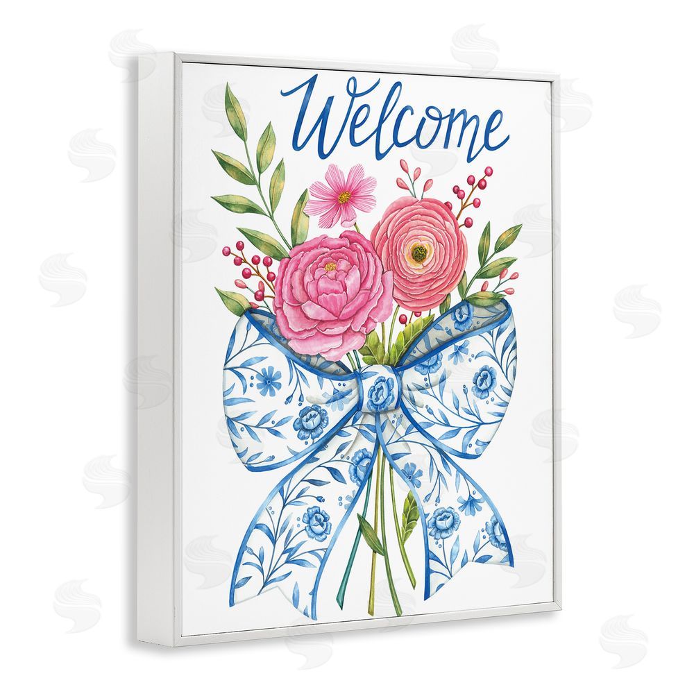Deb Strain Bow & Flowers Welcome White Framed Giclee Wall Art Print