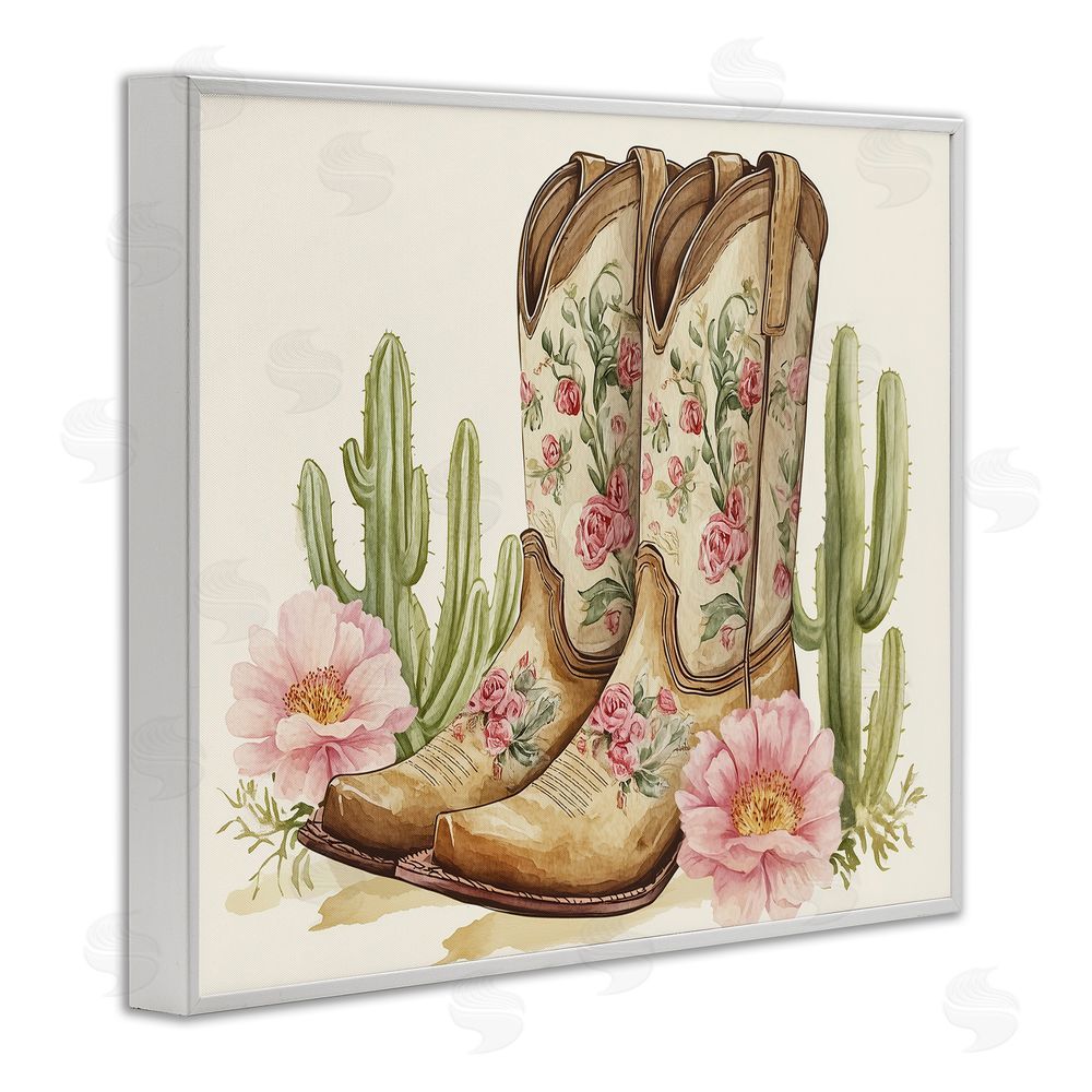 Heidi Kuntz Floral Boots & Cactuses White Framed Giclee Wall Art Print