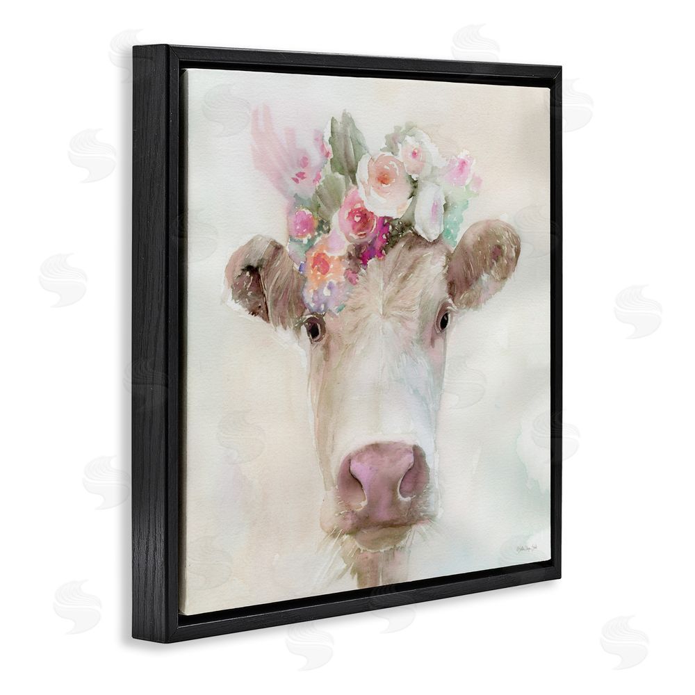 Stellar Design Studio Betsy Cow with Flowers Black Floating Frame Canvas Wall Art Print