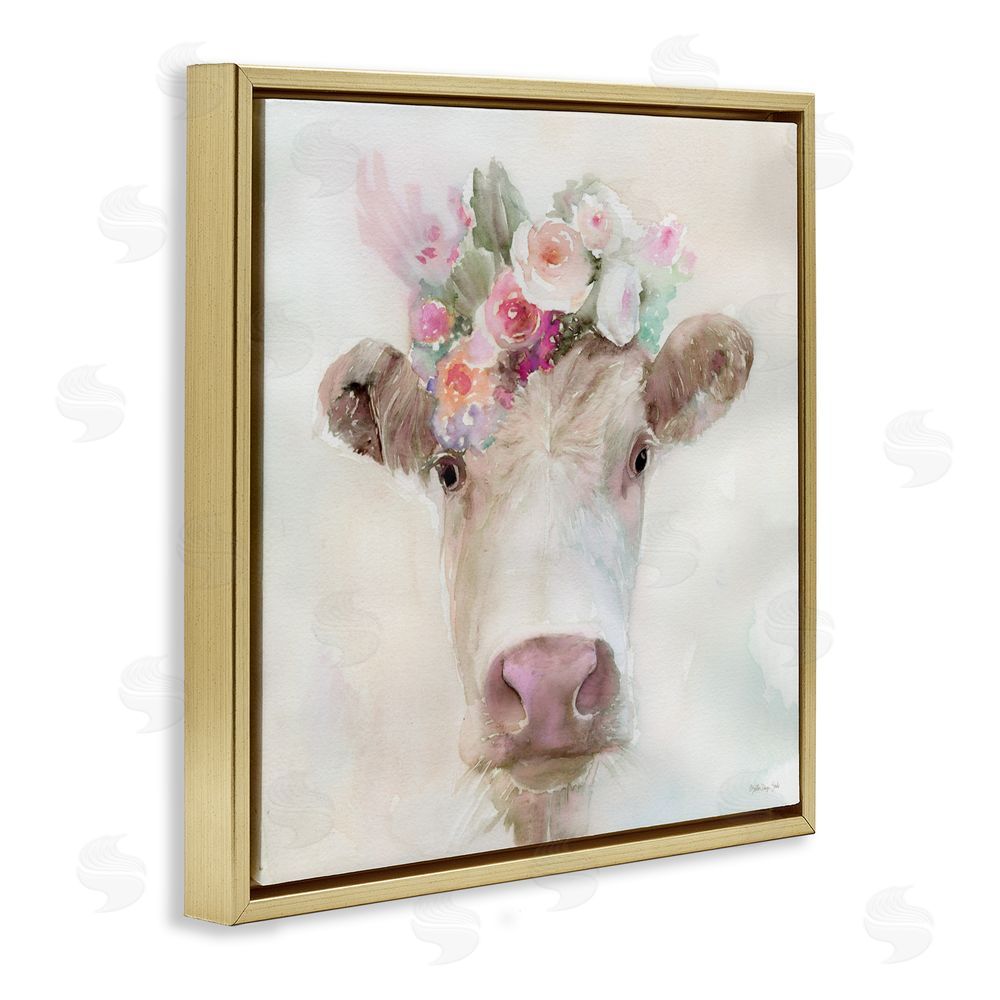 Stellar Design Studio Betsy Cow with Flowers Gold Floating Frame Canvas Wall Art Print