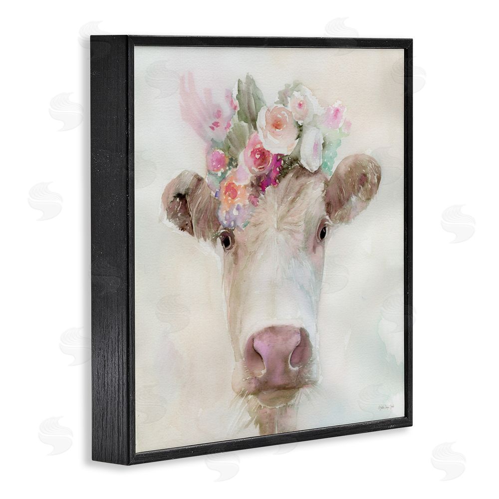 Stellar Design Studio Betsy Cow with Flowers Black Framed Giclee Wall Art Print