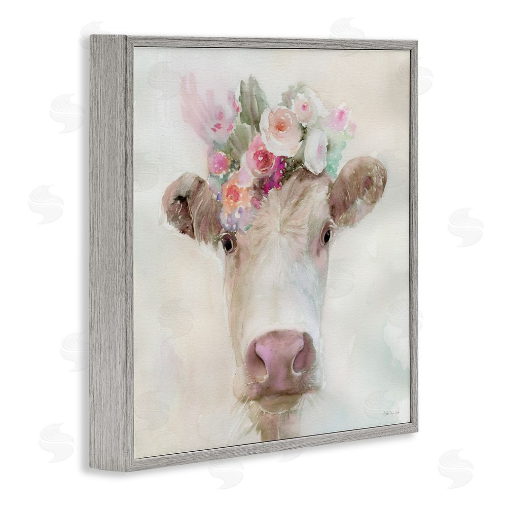 Stellar Design Studio Betsy Cow with Flowers Gray Framed Giclee Wall Art Print