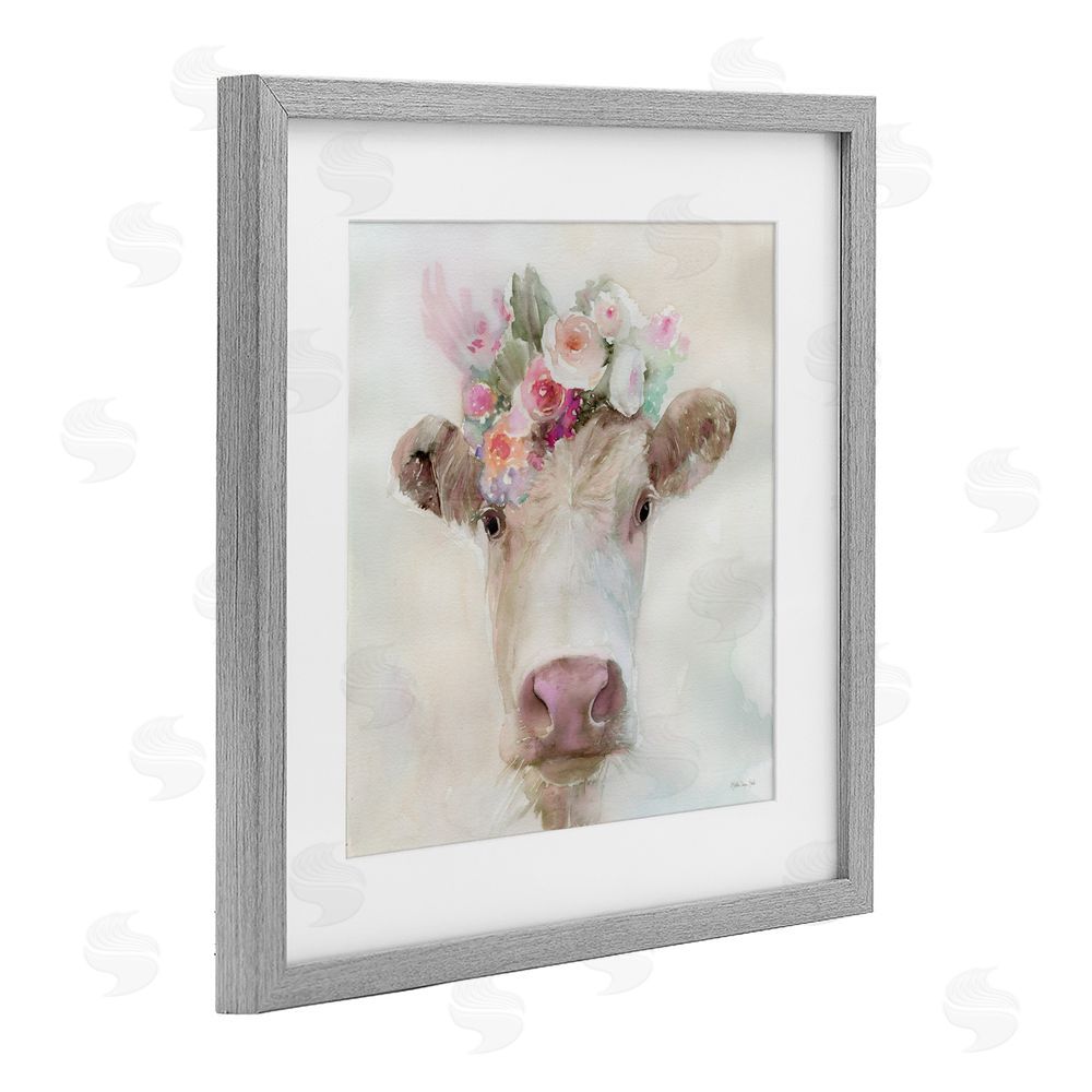 Stellar Design Studio Betsy Cow with Flowers Gray Framed Print Under Glass Wall Art