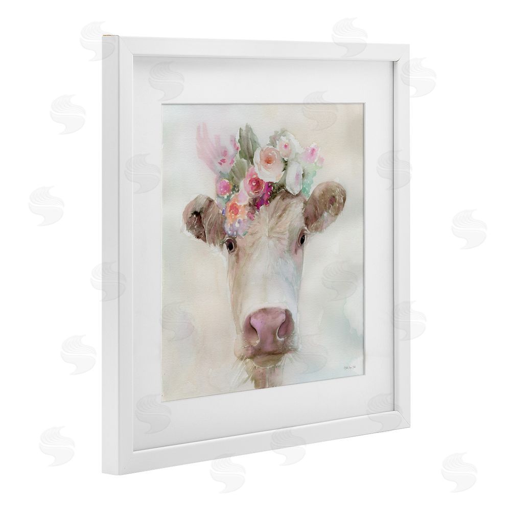 Stellar Design Studio Betsy Cow with Flowers White Framed Print Under Glass Wall Art