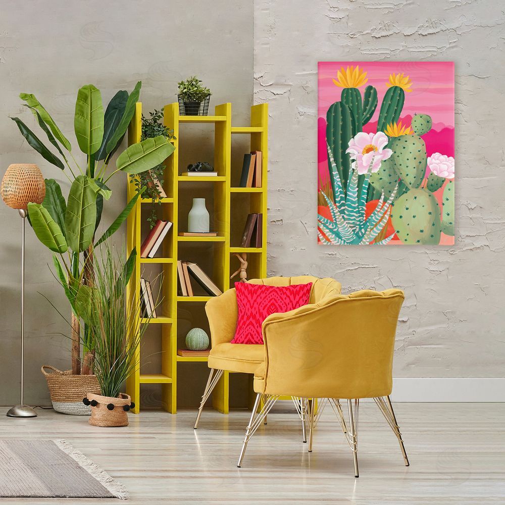 Cat Thurman Designs Sunset Cactus Plants Stretched Canvas Wall Art in Room