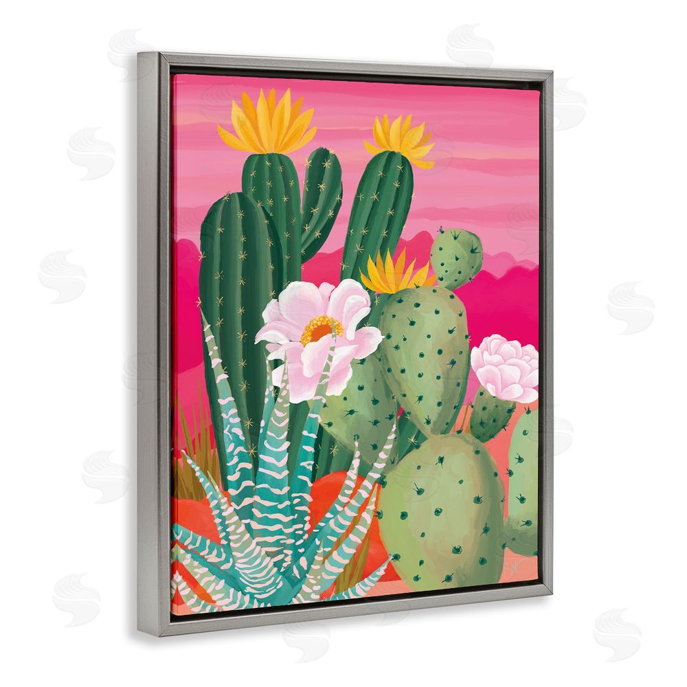 Cat Thurman Designs Sunset Cactus Plants Gray Floating Frame Canvas Wall Art Print