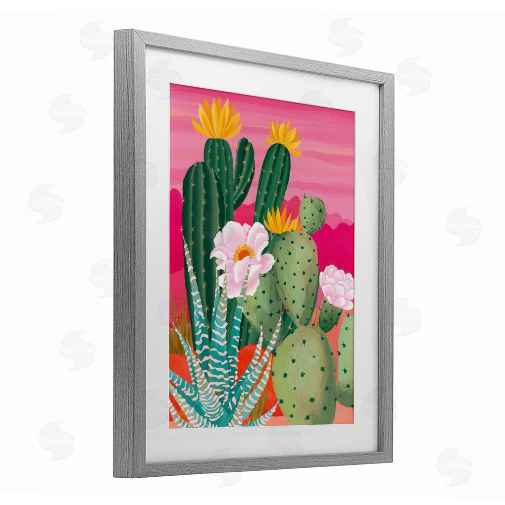 Cat Thurman Designs Sunset Cactus Plants Gray Framed Print Under Glass Wall Art