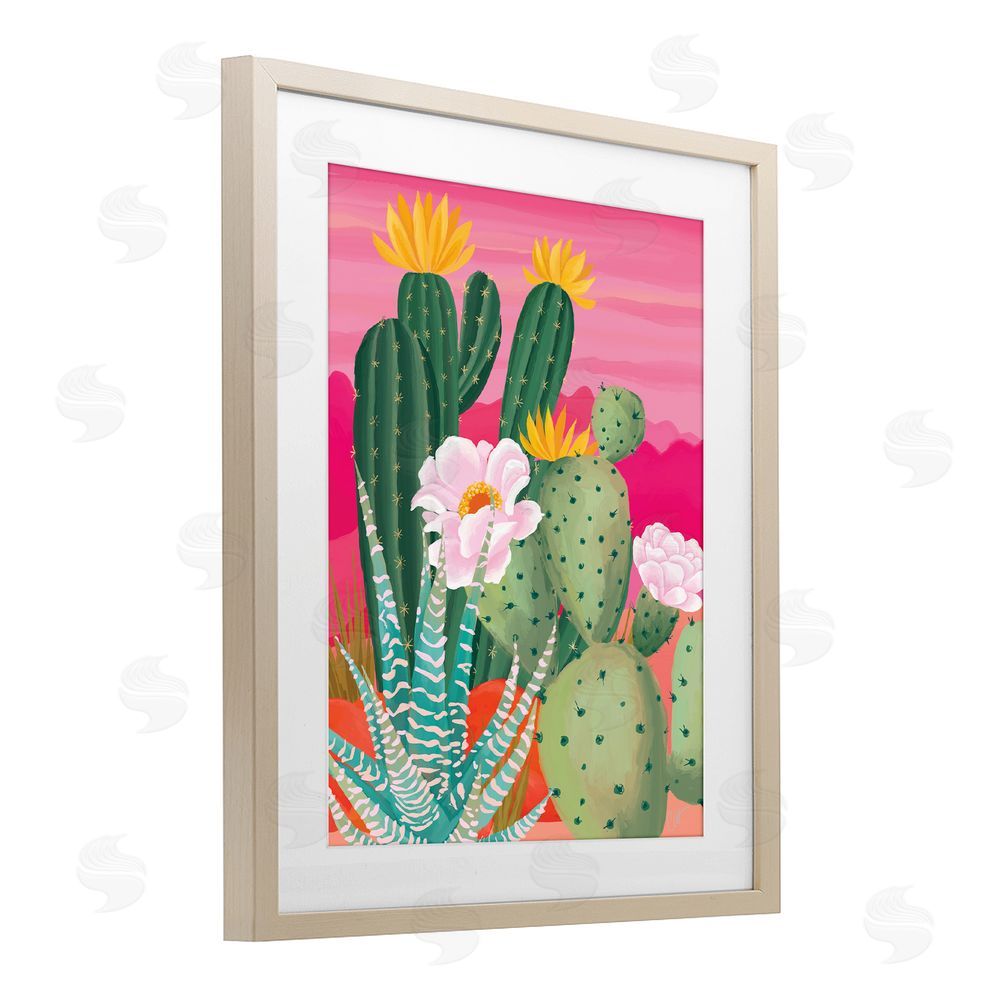Cat Thurman Designs Sunset Cactus Plants Birch Framed Print Under Glass Wall Art