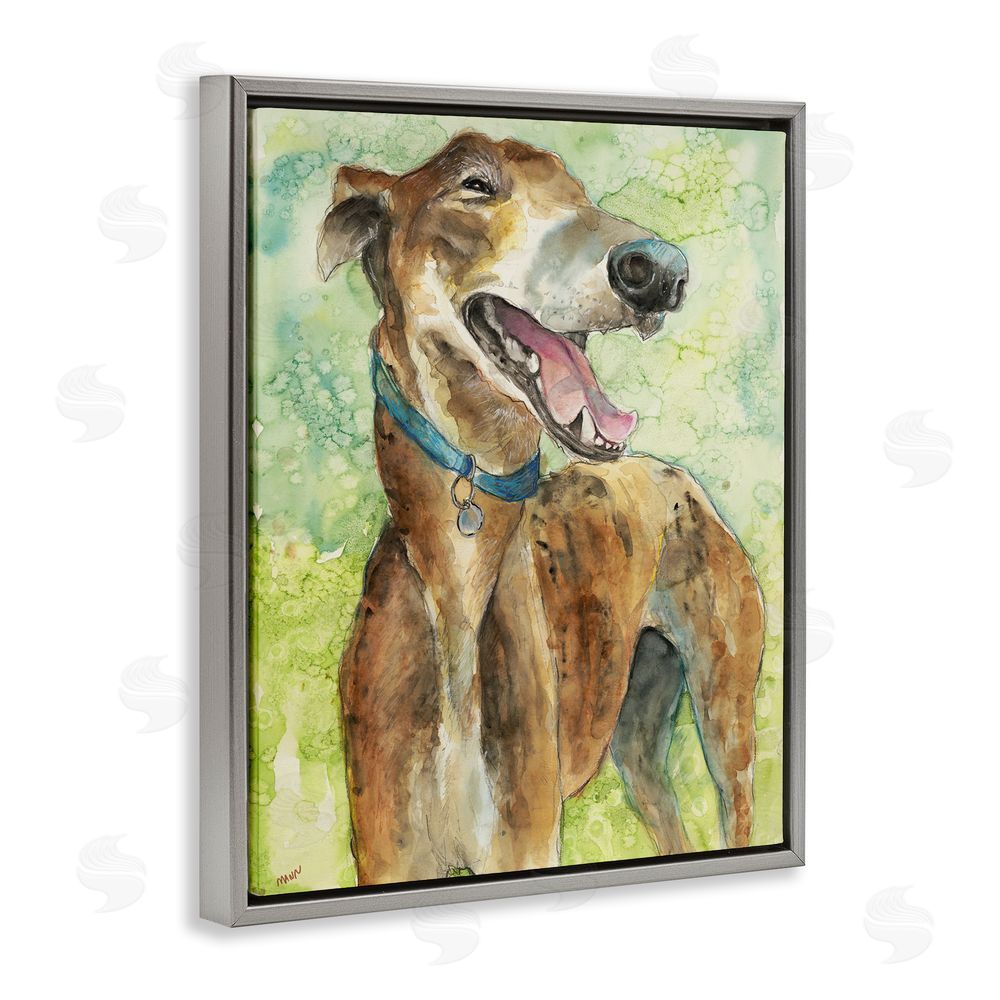 Patti Mann Greyhound Smile Watercolor Gray Floating Frame Canvas Wall Art