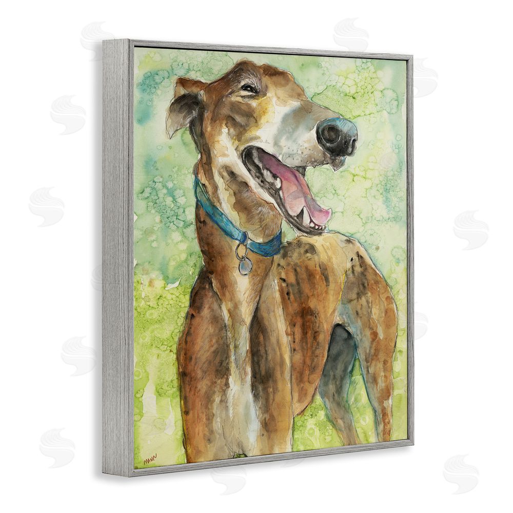 Patti Mann Greyhound Smile Watercolor Gray Framed Giclee Wall Art Print
