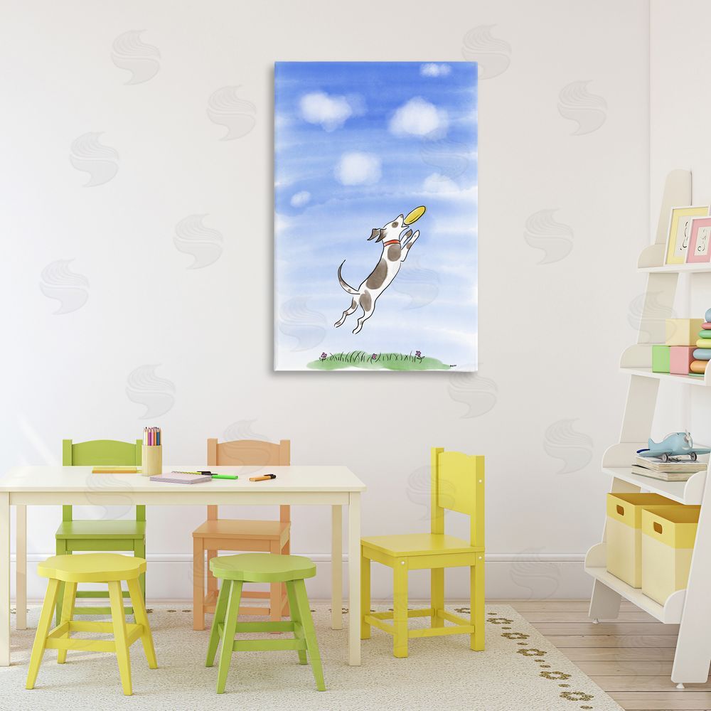 Patti Mann Dog Catching Frisbee Stretched Canvas Wall Art in Room