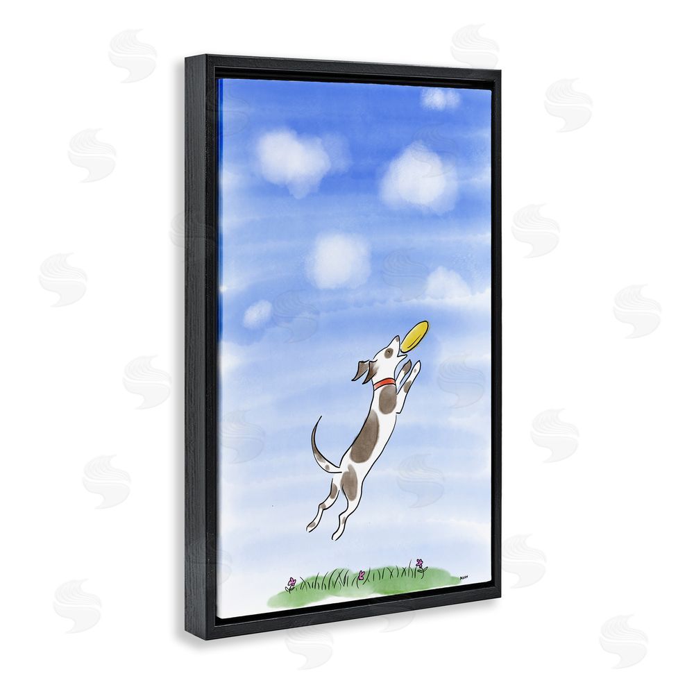 Patti Mann Dog Catching Frisbee Black Floating Frame Canvas Wall Art