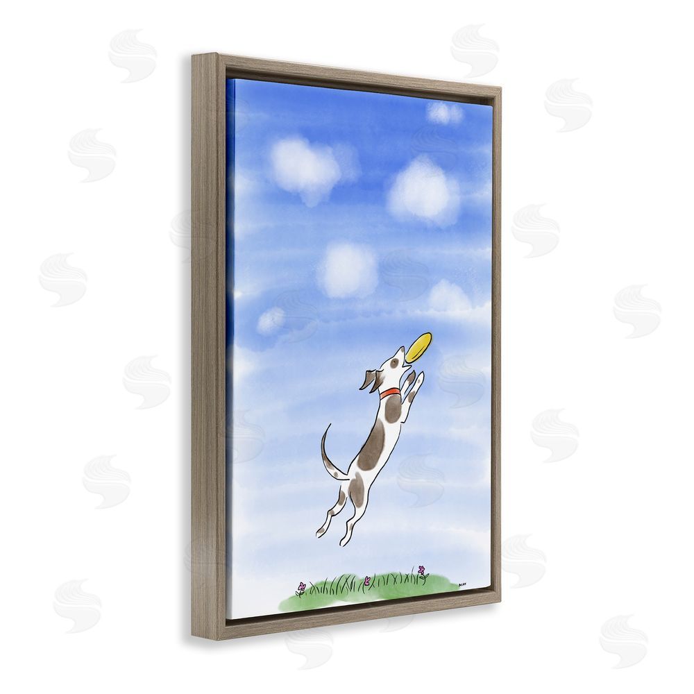 Patti Mann Dog Catching Frisbee Brown Floating Frame Canvas Wall Art