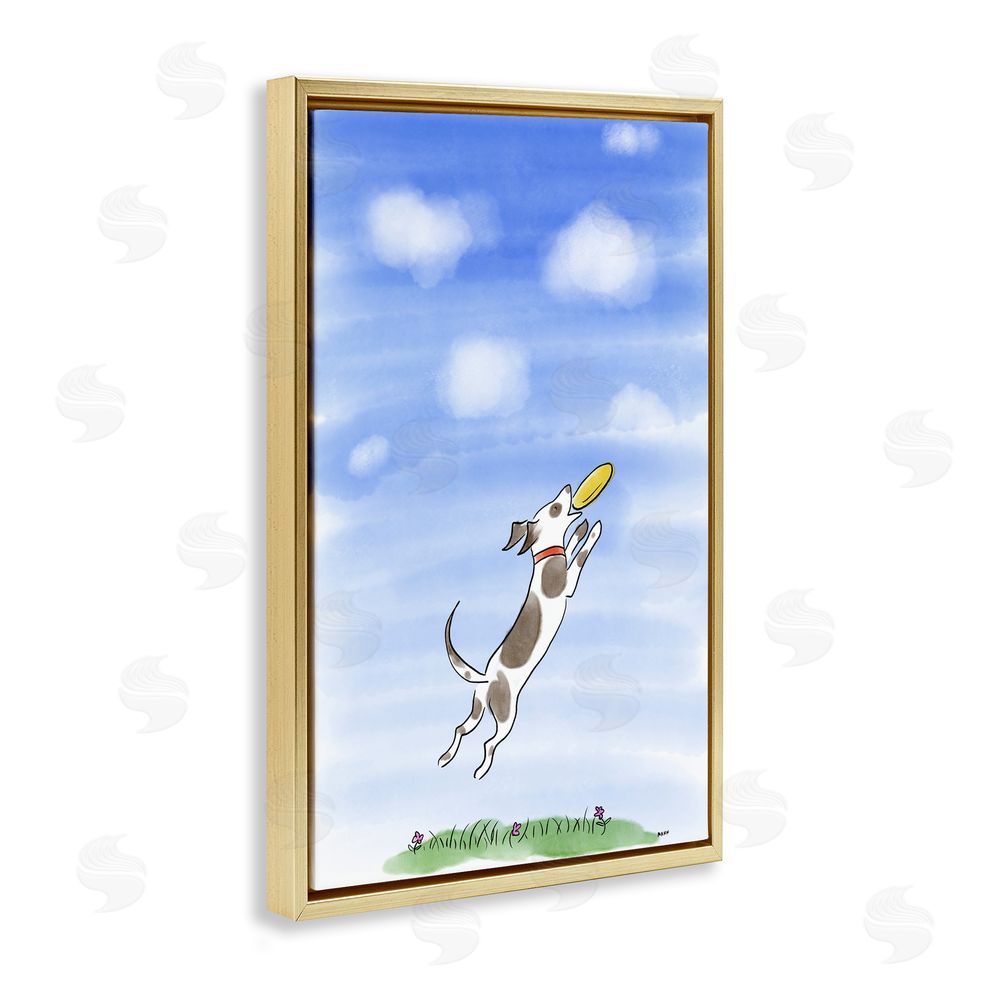 Patti Mann Dog Catching Frisbee Gold Floating Frame Canvas Wall Art
