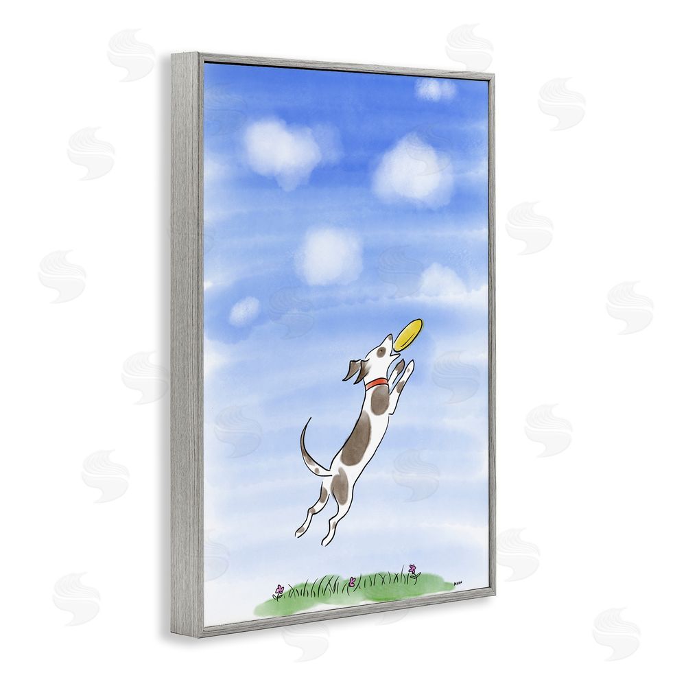 Patti Mann Dog Catching Frisbee Gray Framed Giclee Wall Art Print