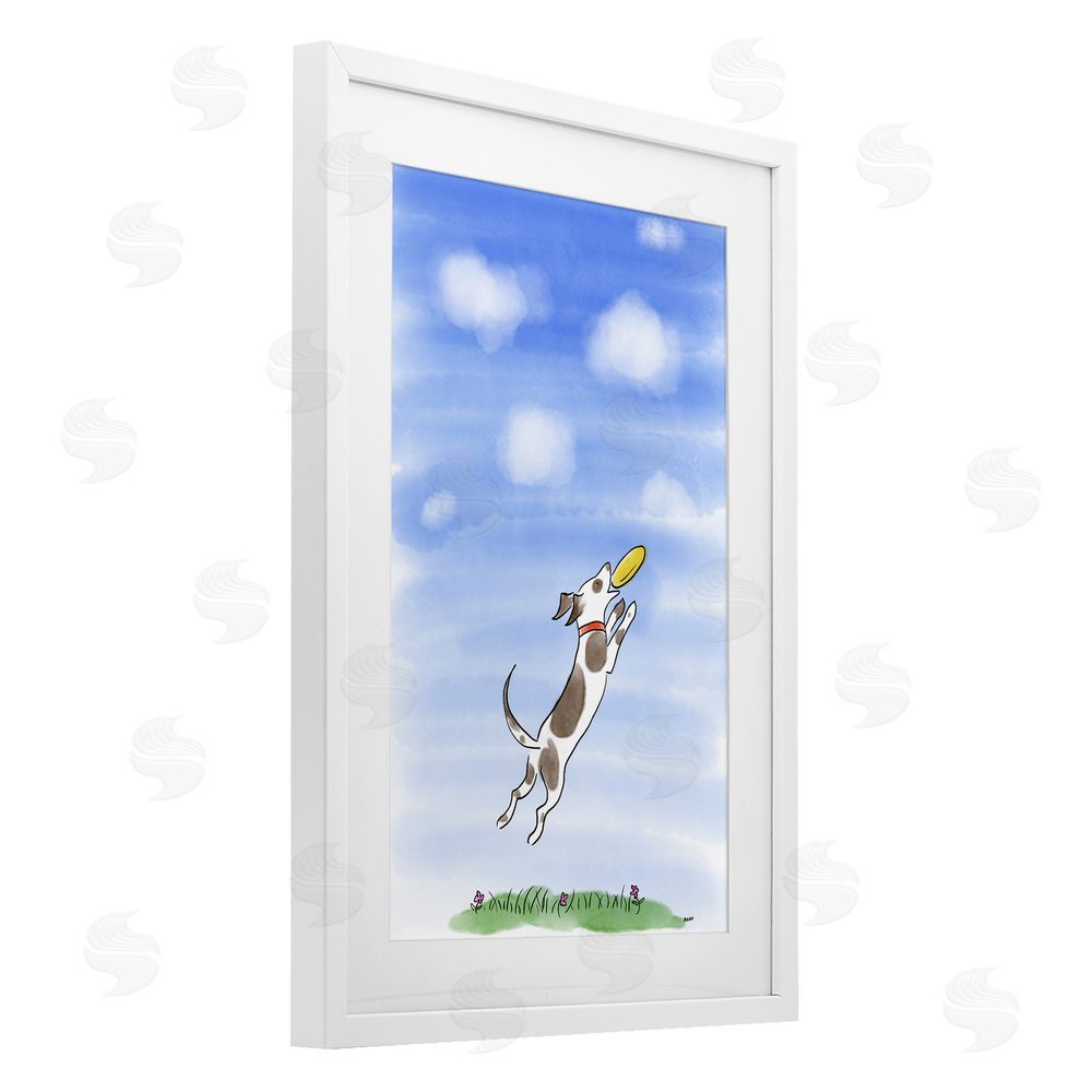 Patti Mann Dog Catching Frisbee White Framed Print Under Glass with Mat Wall Art