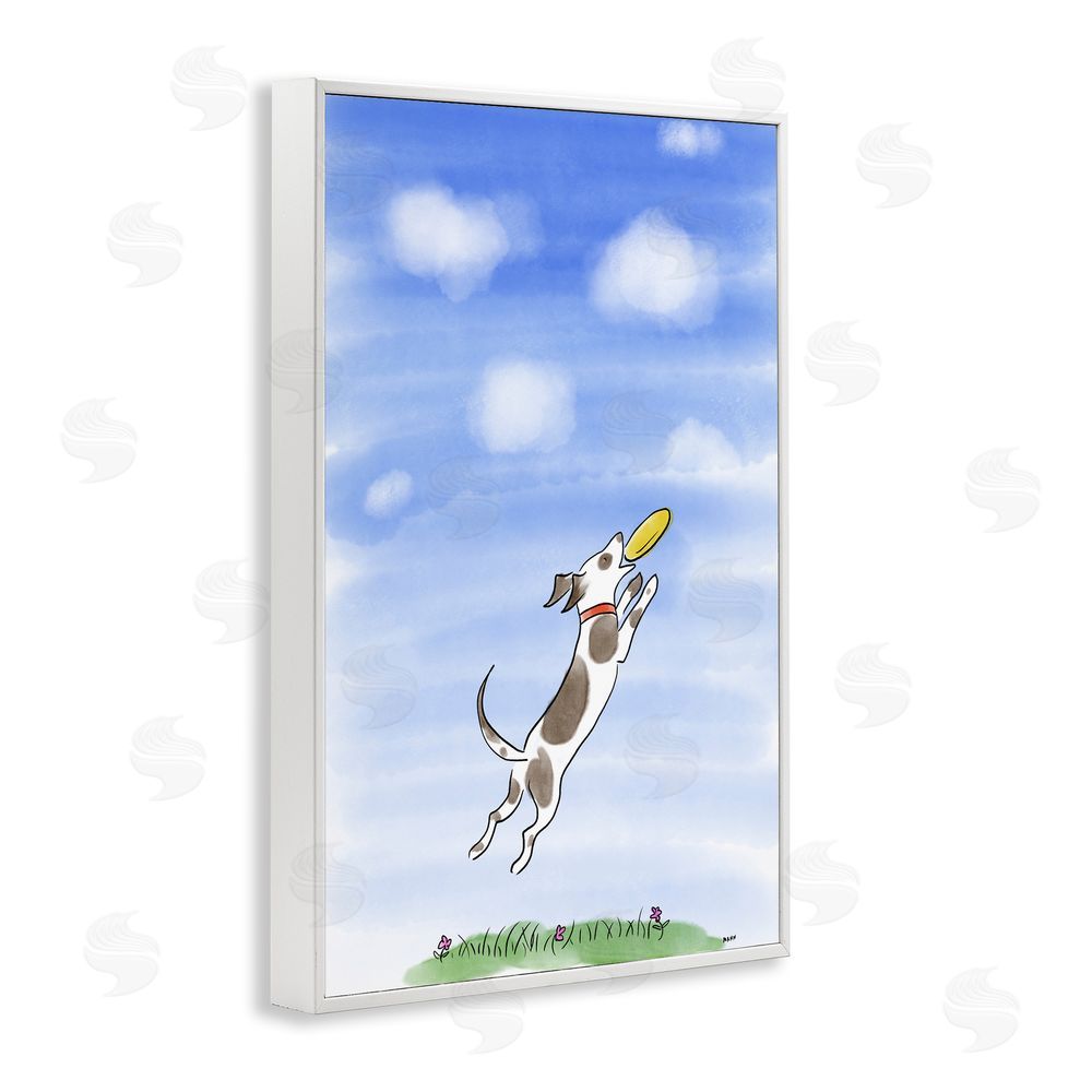 Patti Mann Dog Catching Frisbee White Framed Giclee Wall Art Print