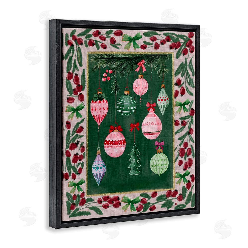 Yen Festive Ornaments Botanical Border Black Floating Frame Canvas Wall Art Print
