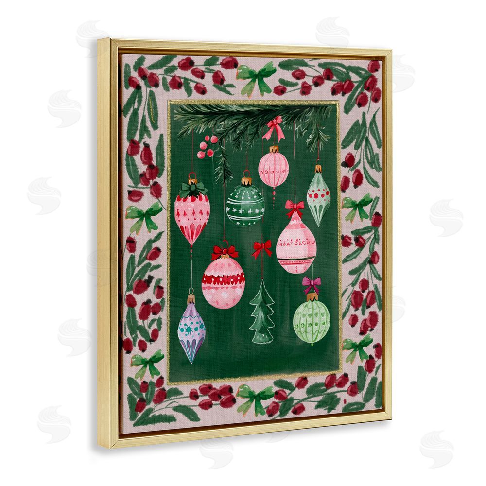 Yen Festive Ornaments Botanical Border Gold Floating Frame Canvas Art Print