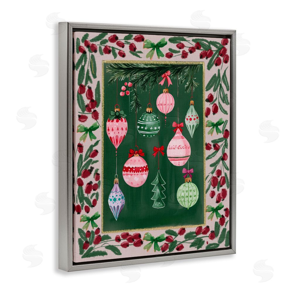 Yen Festive Ornaments Botanical Border Gray Floating Frame Canvas Art Print