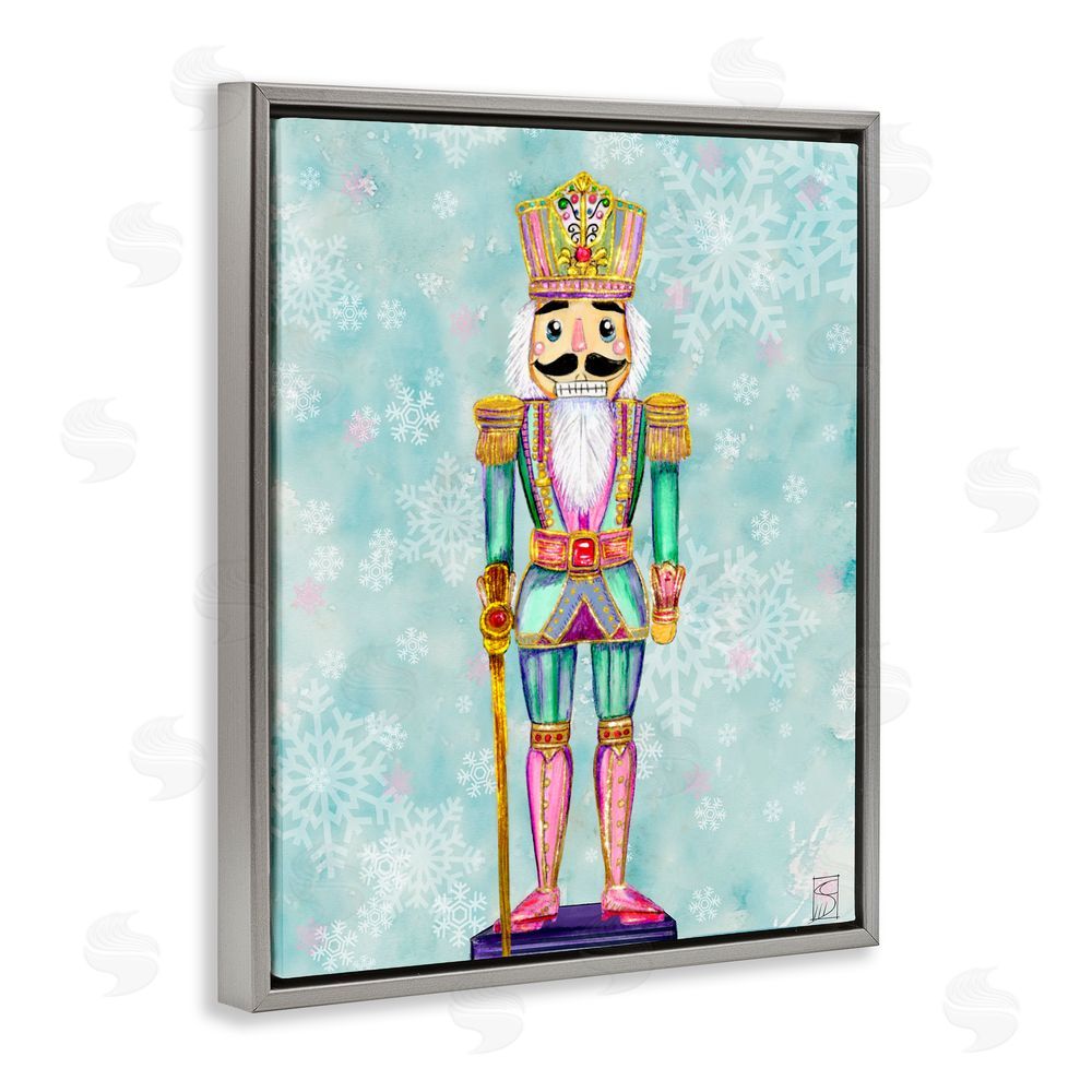 Sara Culpepper Pastel Nutcracker over Snowflakes Gray Floating Frame Canvas Art Print