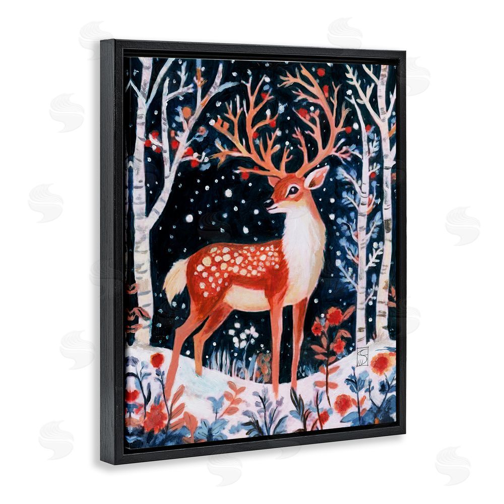 Sara Culpepper Woodland Deer Winter Night Black Floating Frame Canvas Wall Art Print