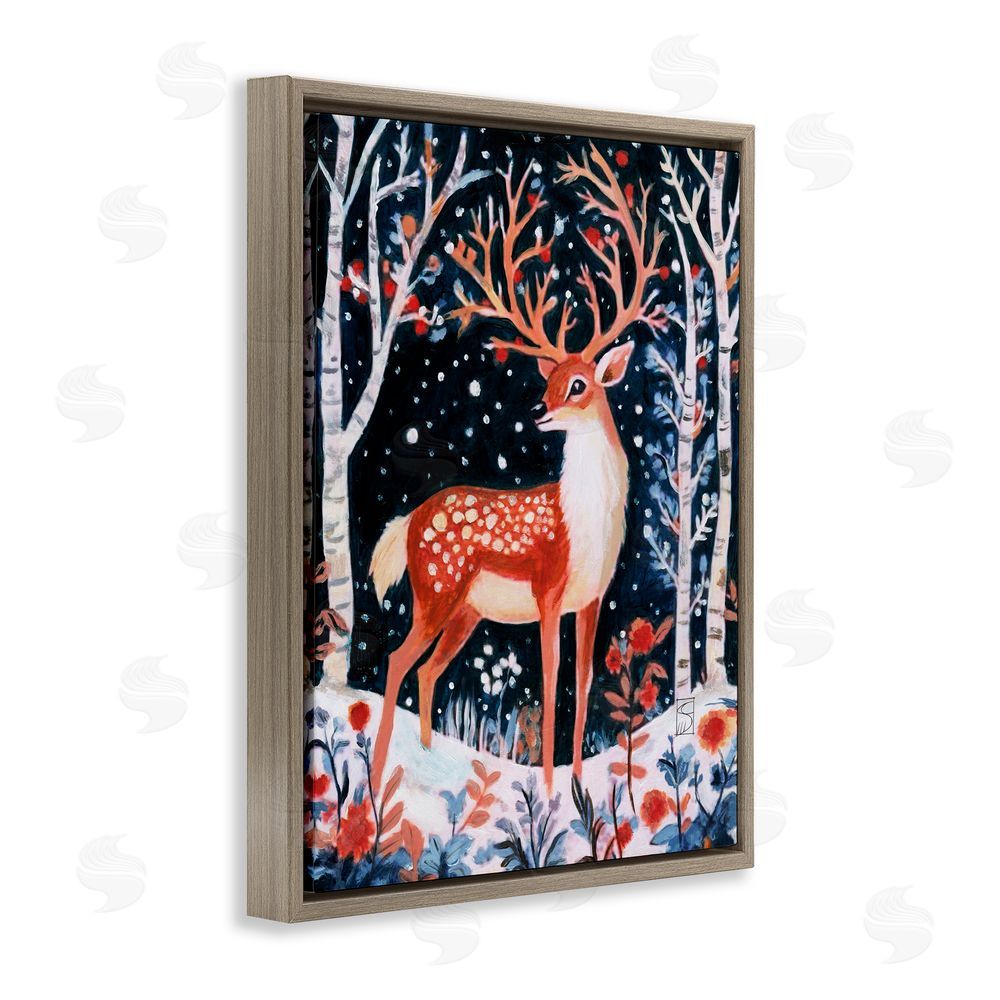Sara Culpepper Woodland Deer Winter Night Brown Floating Frame Canvas Art Print