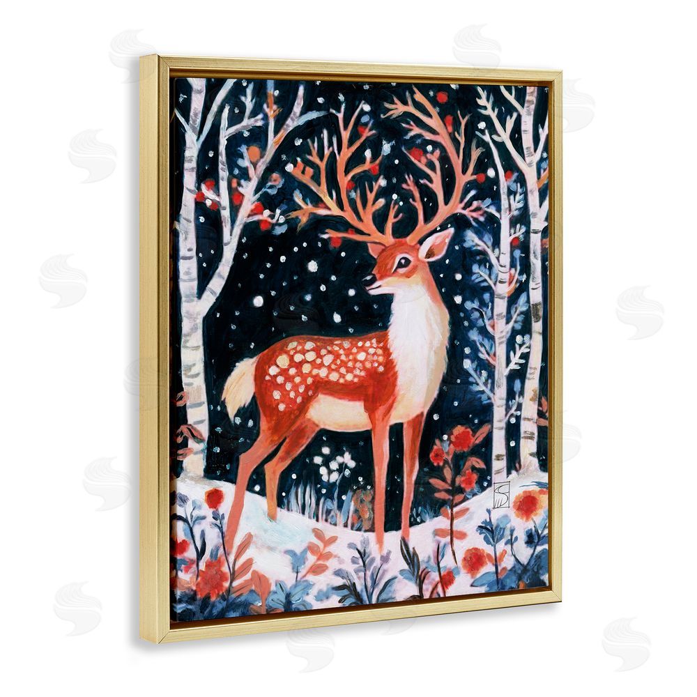 Sara Culpepper Woodland Deer Winter Night Gold Floating Frame Canvas Art Print