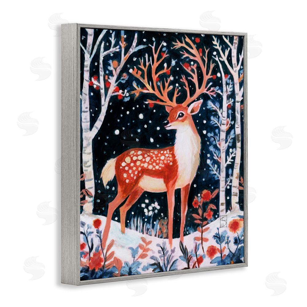 Sara Culpepper Woodland Deer Winter Night Gray Framed Giclee Art Print