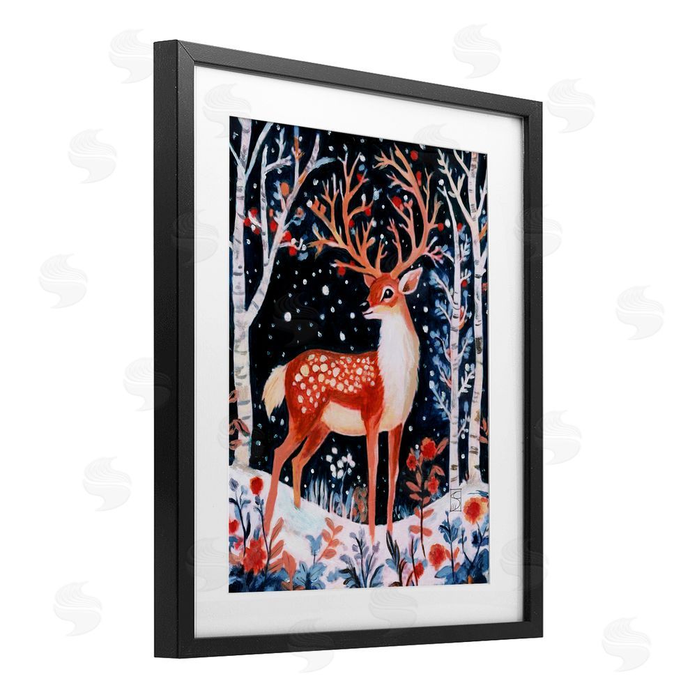 Sara Culpepper Woodland Deer Winter Night Black Framed Print Under Glass Art