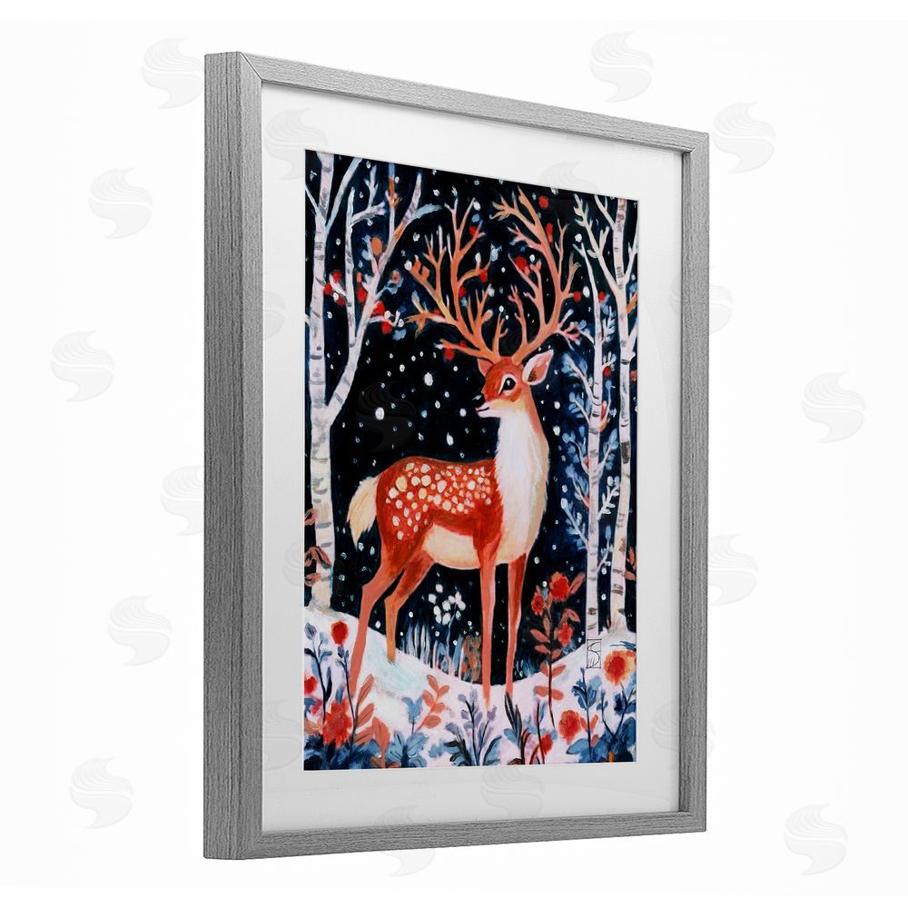 Sara Culpepper Woodland Deer Winter Night Gray Framed Print Under Glass Art