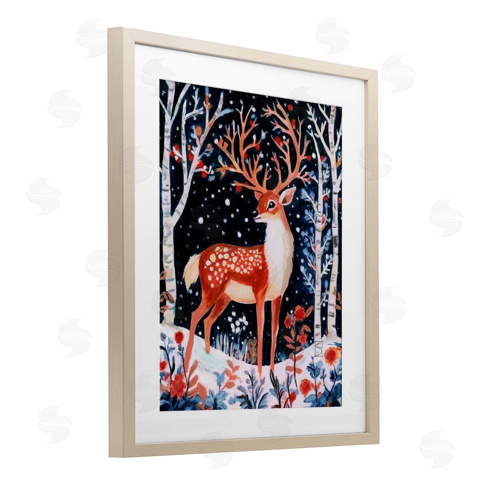 Sara Culpepper Woodland Deer Winter Night Birch Framed Print Under Glass Art