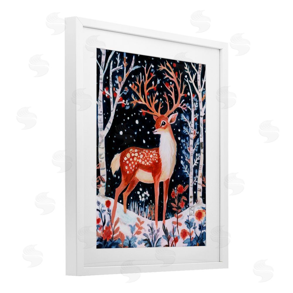 Sara Culpepper Woodland Deer Winter Night White Framed Print Under Glass Art