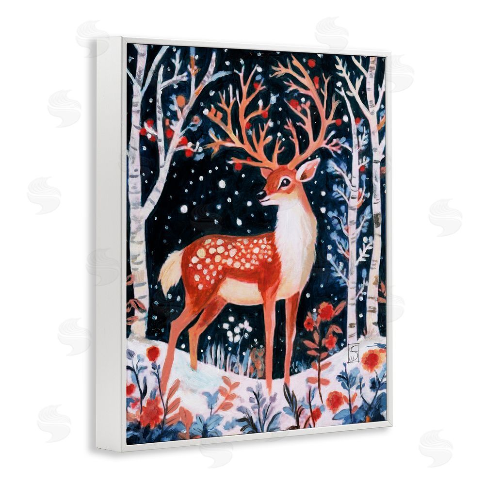 Sara Culpepper Woodland Deer Winter Night White Frame Giclee Art Print