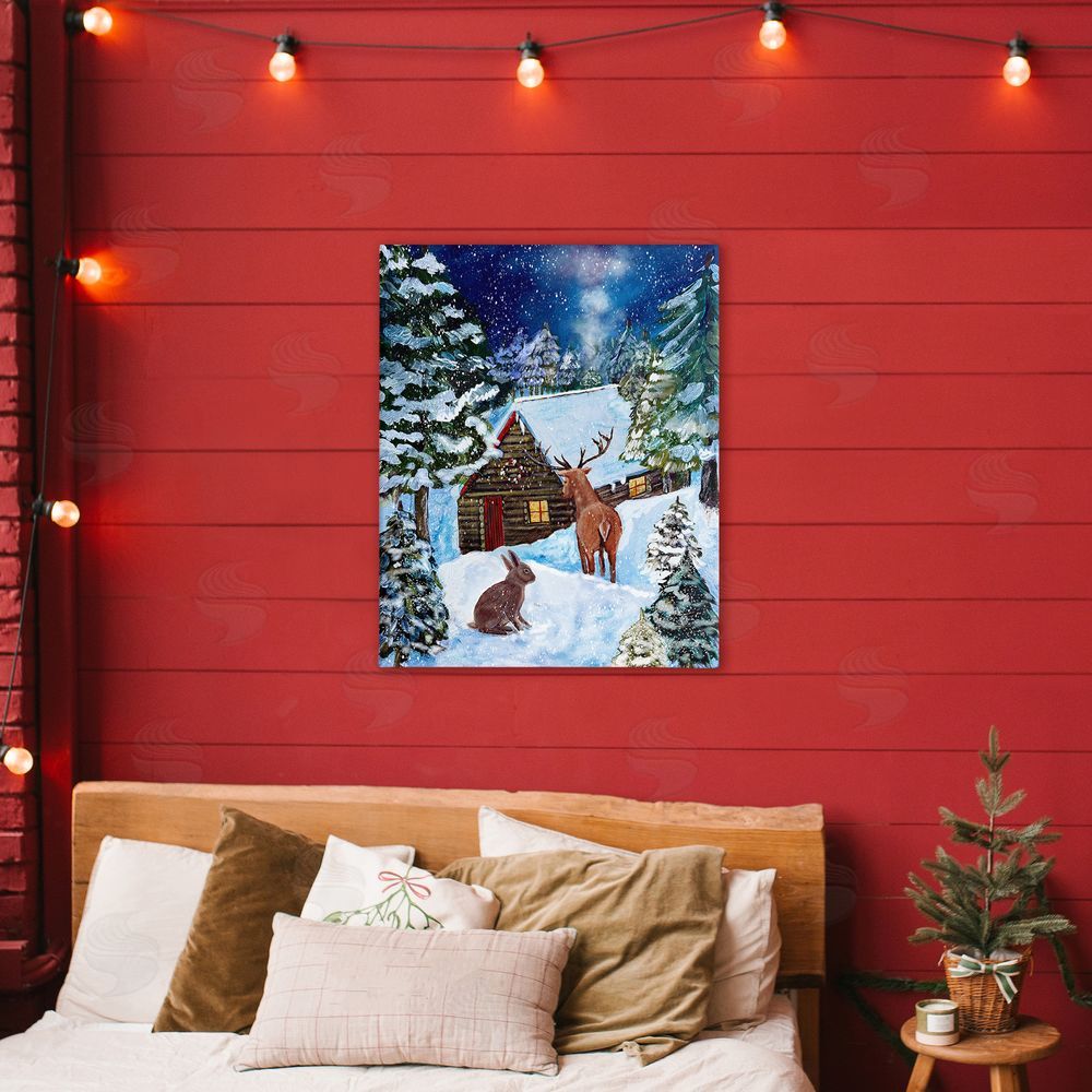 Patricia Reynolds Snowy Christmas Log Cottage Printed Wall Art in Room