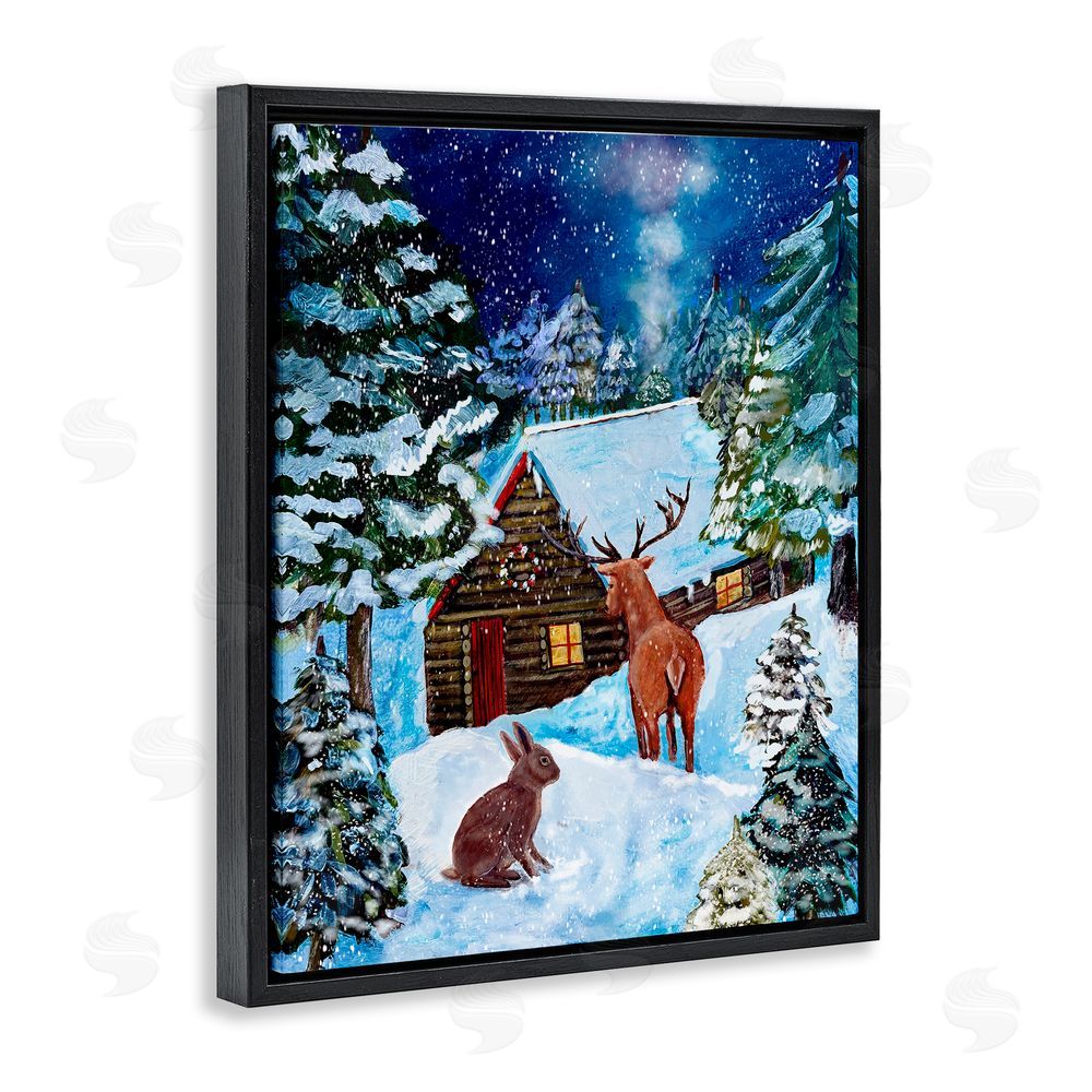 Patricia Reynolds Snowy Christmas Log Cottage Black Floating Frame Canvas Wall Art Print