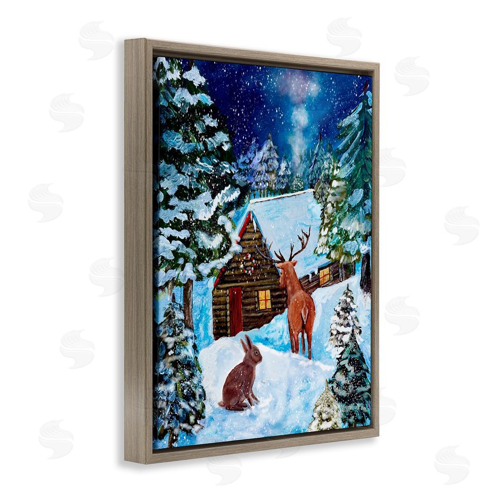 Patricia Reynolds Snowy Christmas Log Cottage Brown Floating Frame Canvas Art Print